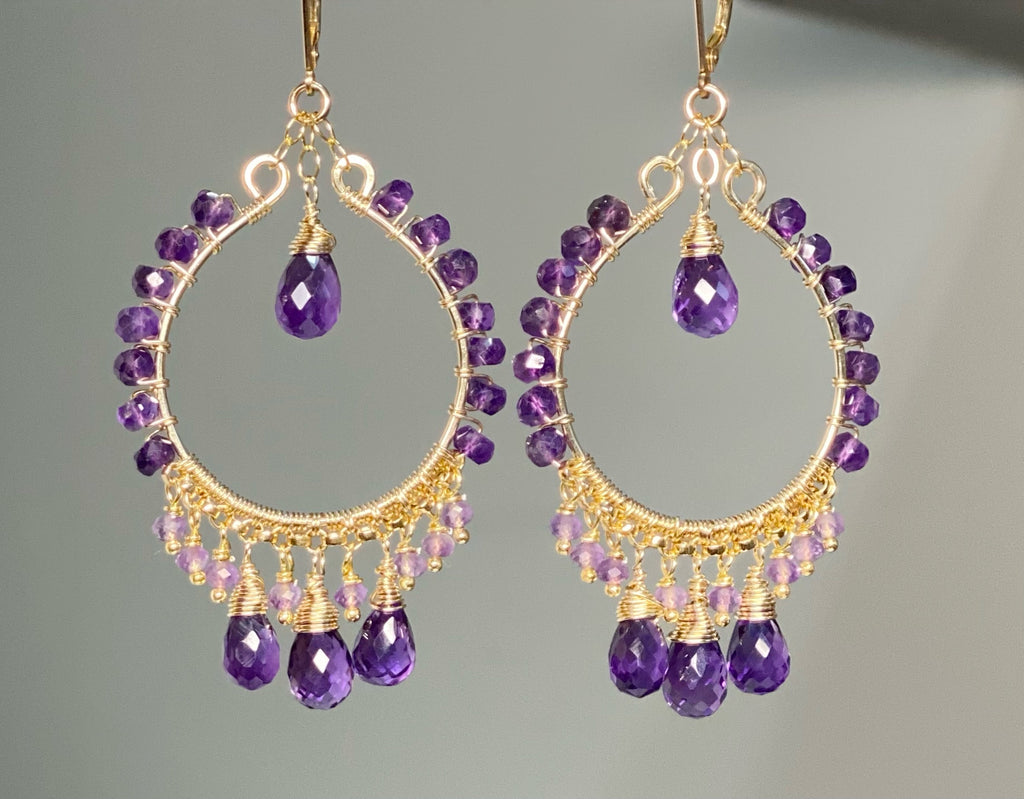 Amethyst Gold Fill Hoop Chandelier Earrings