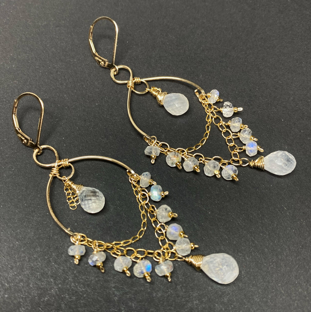 Rainbow Moonstone Gemstone Dangle Chandelier Earrings 14 kt Gold Fill