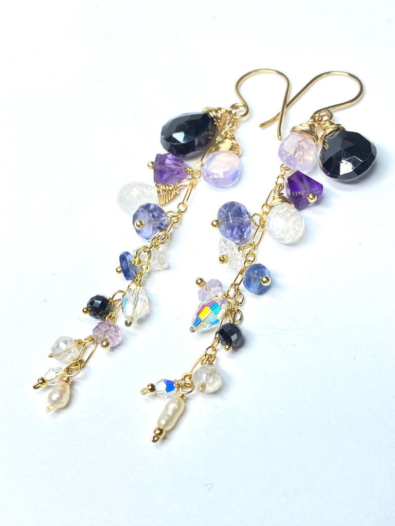 Amethyst, Scorolite, Black Spinel Long Dangle Earrings 3