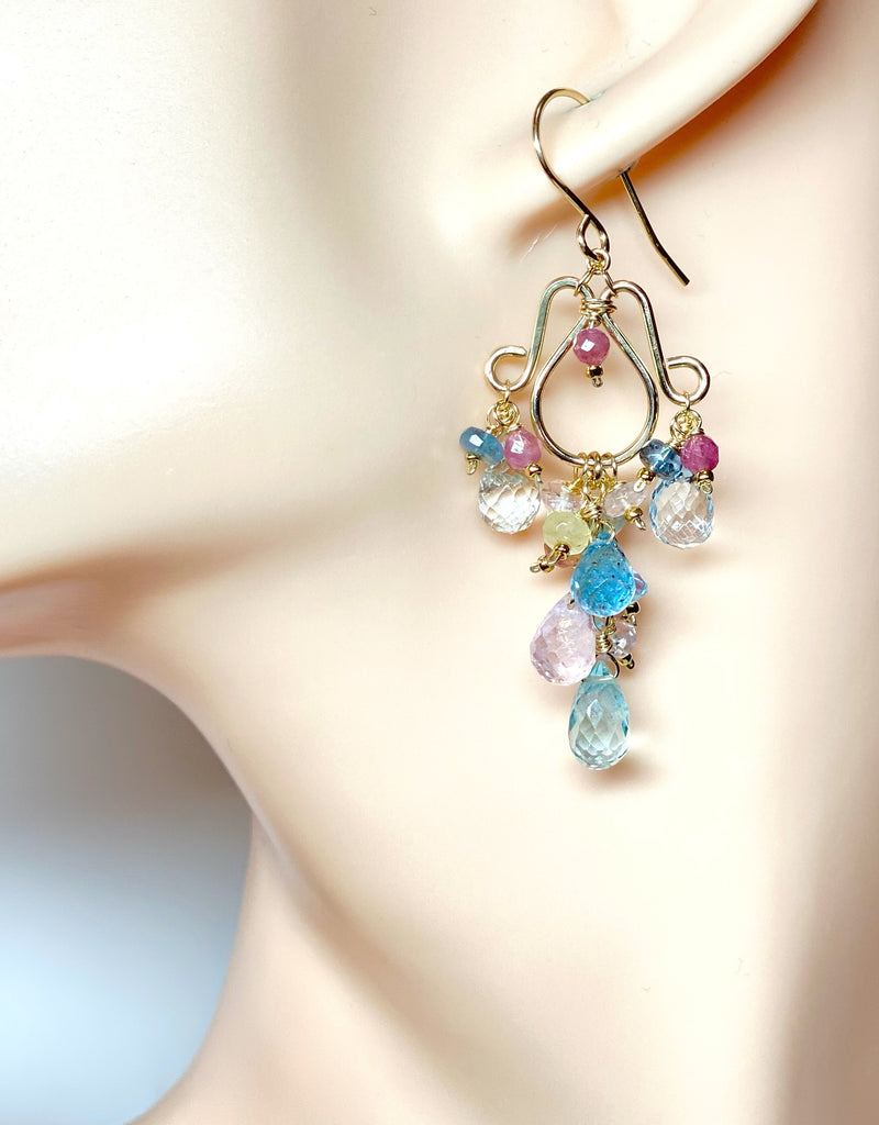 Gemstone Dangle Chandelier Earrings with Aquamarine in Gold Fill