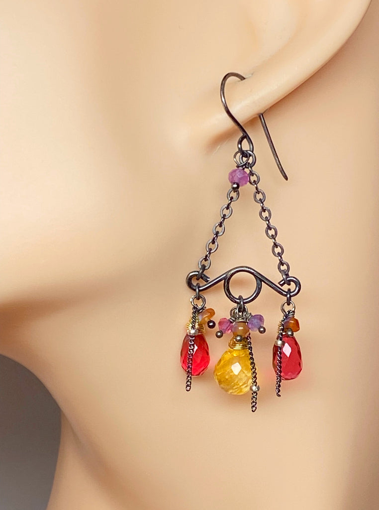 Pink, Fuchsia, Citrine Gemstone Handmade Chandelier Earrings Mixed Metal Oxidized Silver