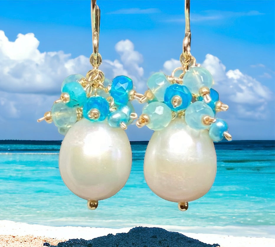 aqua gemstone pearl cluster earrings with opals
