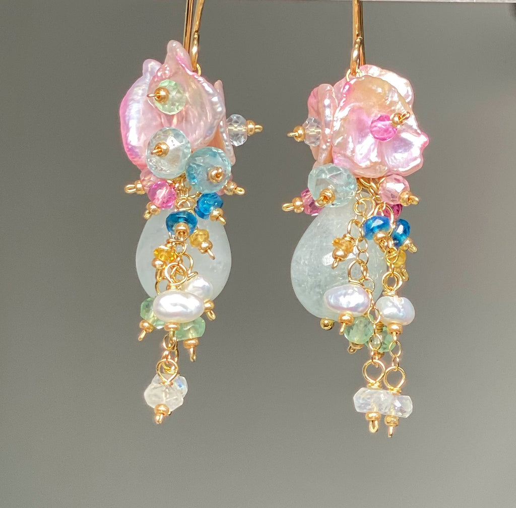 Aquamarine, Pink Keishi Pearl and Pastel Gemstone Wedding Earrings - Doolittle