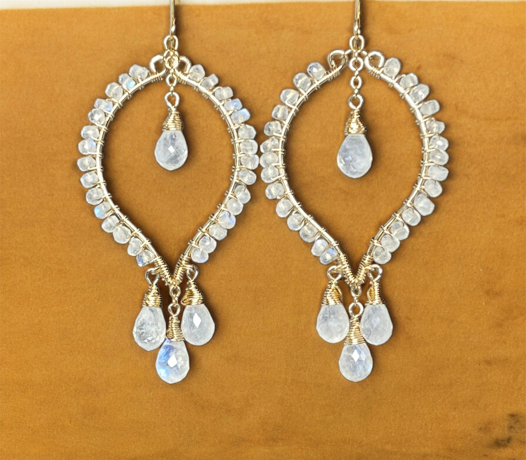 Rainbow Moonstone Statement Chandelier Earrings in 14 kt Gold Fill