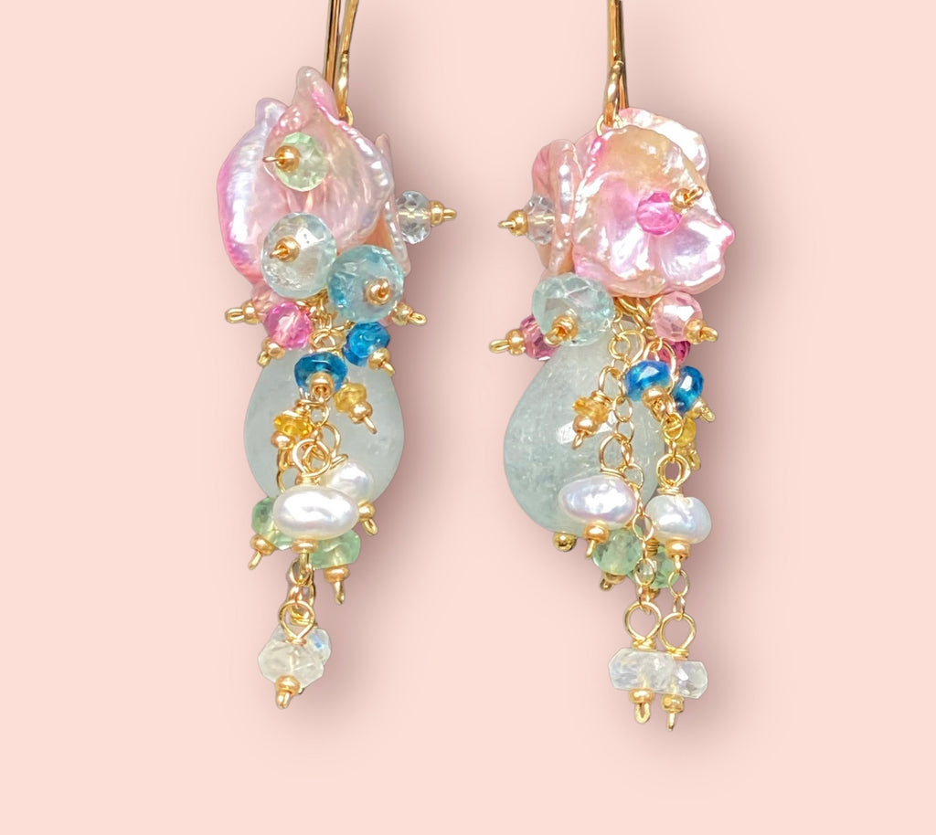 Aquamarine, Pink Keishi Pearl and Pastel Gemstone Wedding Earrings - Doolittle