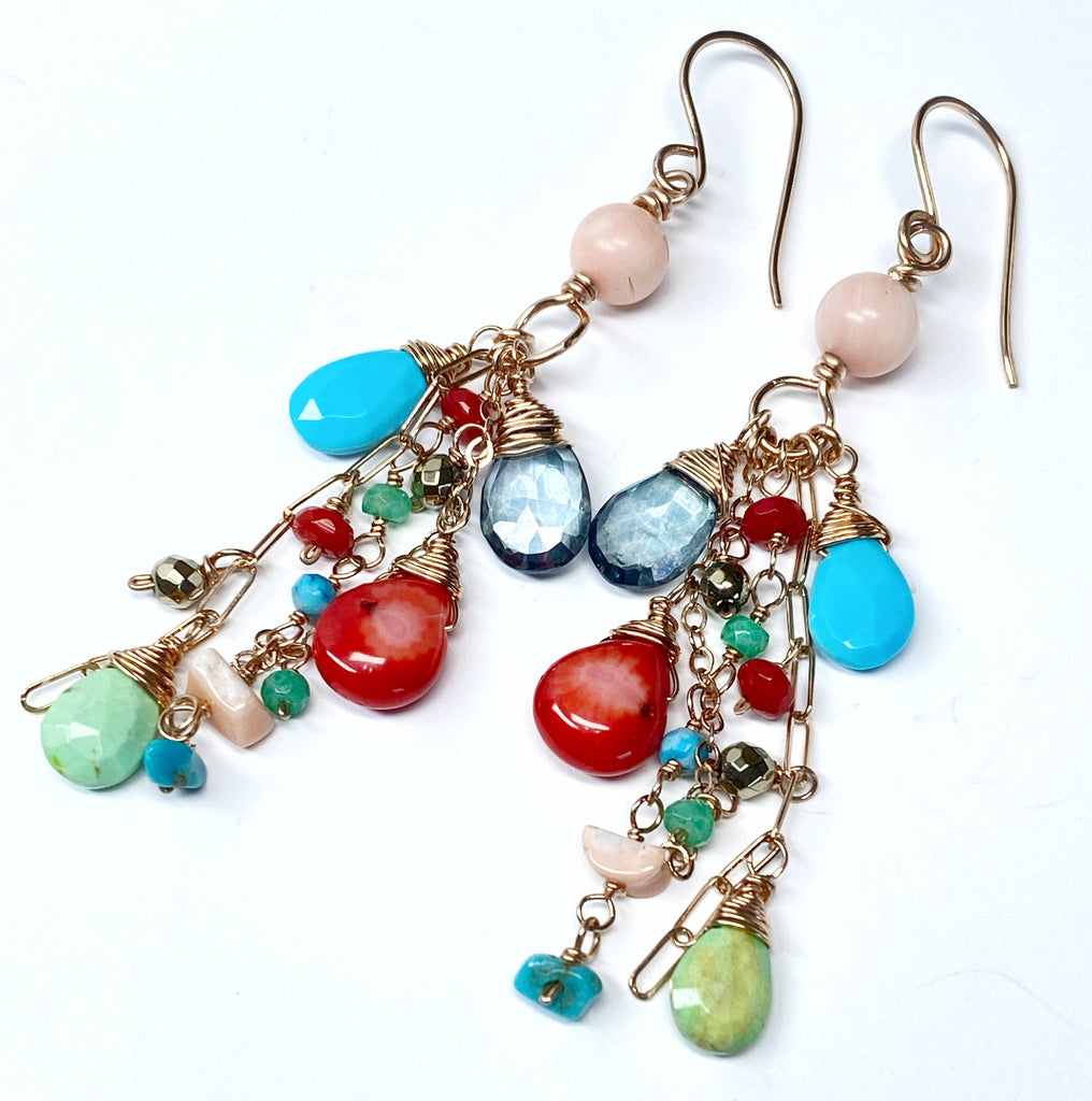 Turquoise Red Coral Rose Gold Long Boho Dangle Earrings
