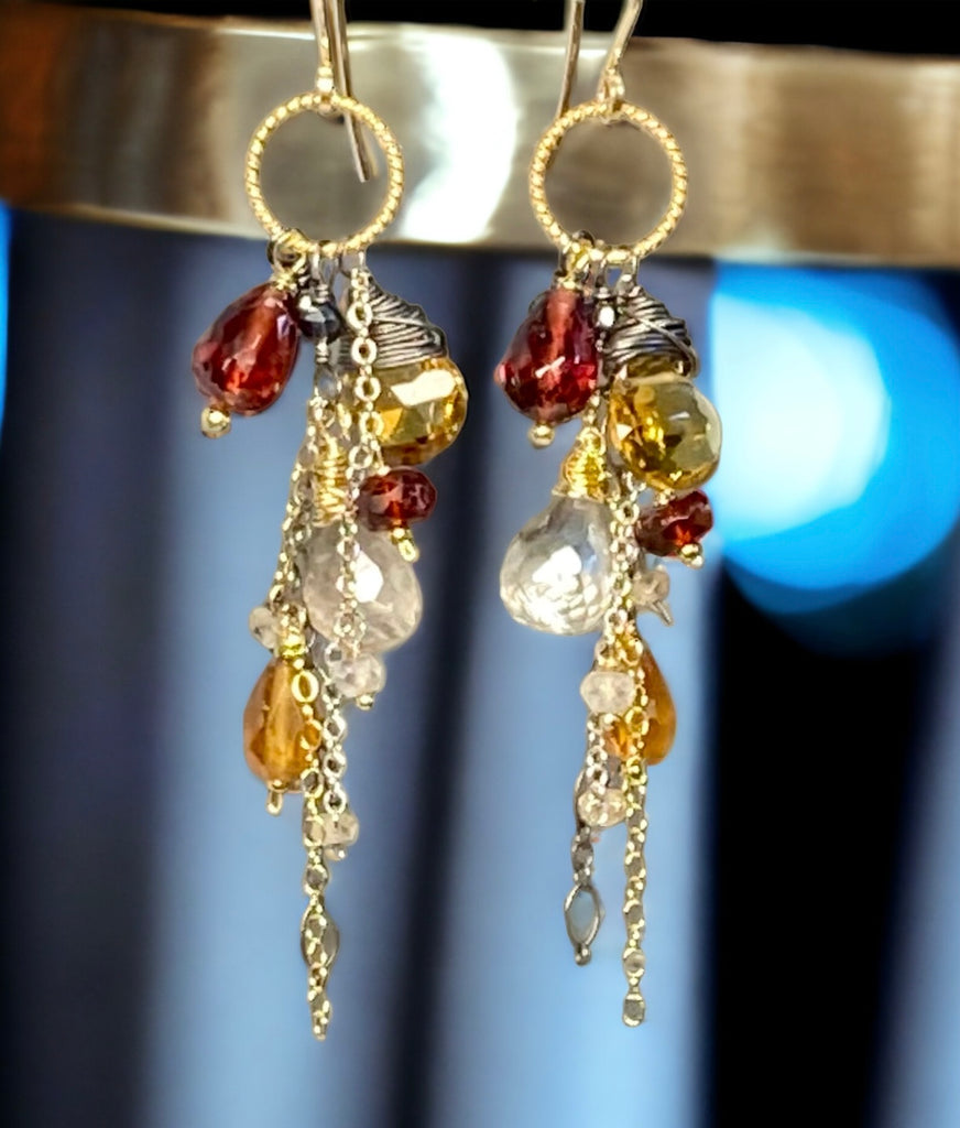 Multi Gemstone Dangle Earrings Garnet Citrine Mixed Metal - Doolittle