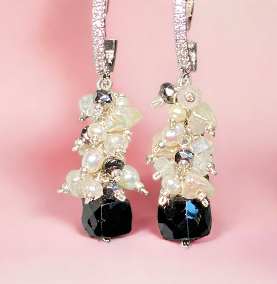 Black Spinel, Pearl and Moonstone Cluster Earrings