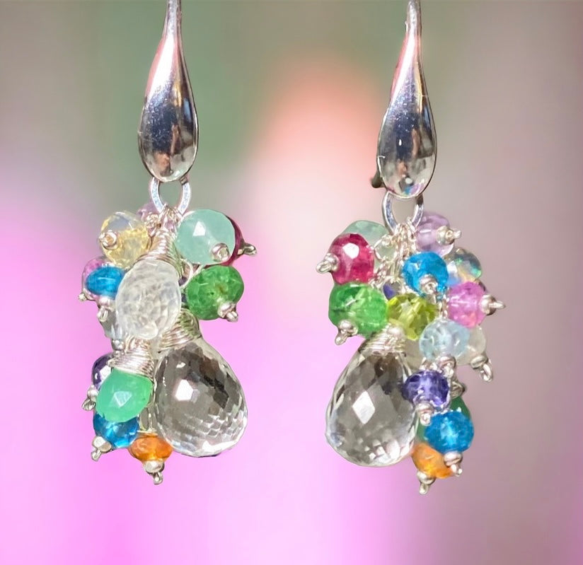 Crystal Quartz Dangle Earrings with Multi Gemstone Cluster Sterling Silver 4