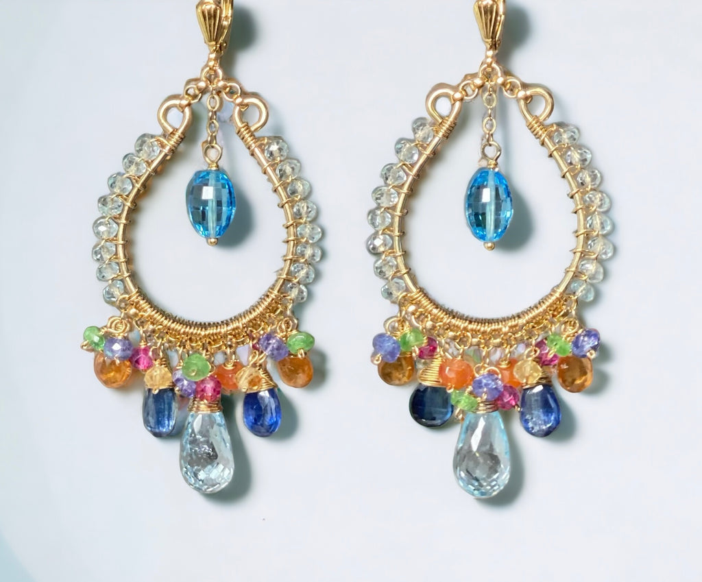 Blue Topaz Multicolor Gemstone Hoop Earrings in Gold Fill 2