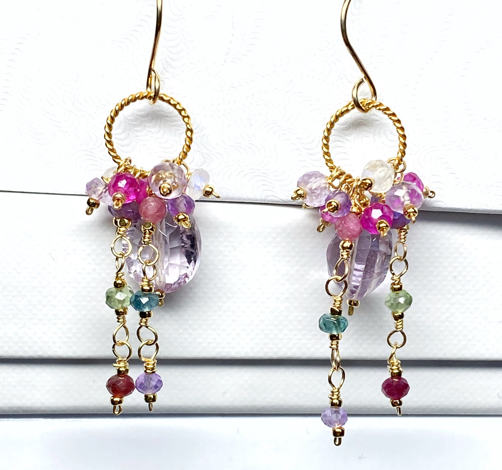 Pink Amethyst, Pink Quartz and Colorful Gem Dangle Earrings Gold Fill