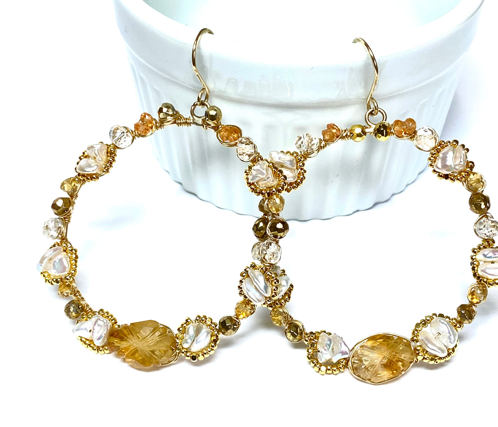 Citrine Gemstone Gold Hoop Earrings Wire Wrapped