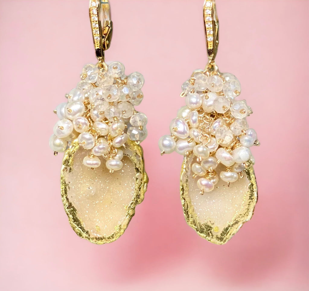 Golden Tabasco Geode 24 kt Gold Leaf Earrings with Pearl and Mystic Crystal Clusters