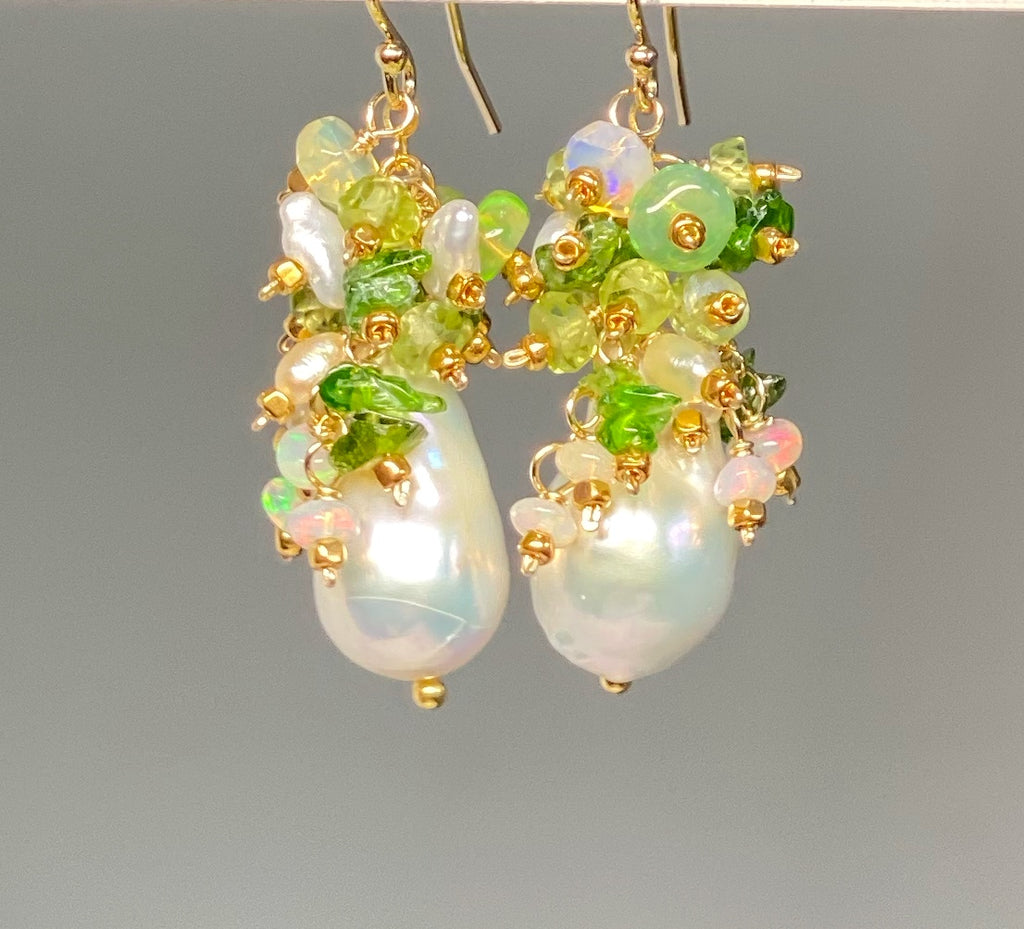 Peridot, Opal, Pearl Cluster Earrings Gold Fill 2