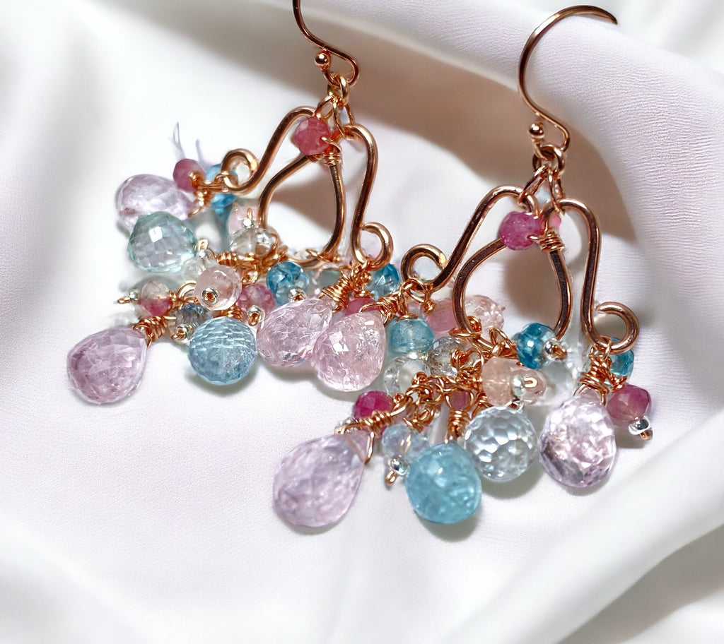 Aquamarine, Morganite Gemstone Chandelier Earrings in Rose Gold Fill