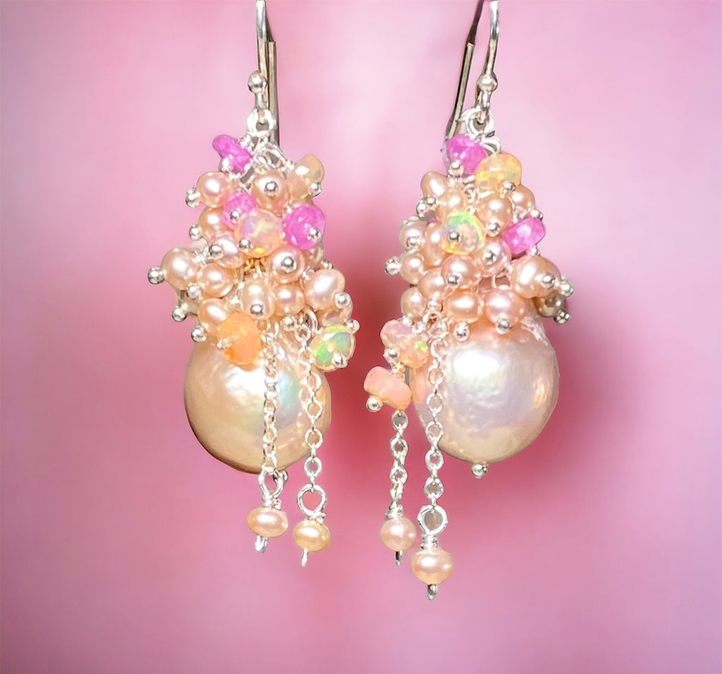 Pink Blush Baroque Pearls Opal, Sapphire Pearl Cluster Earrings