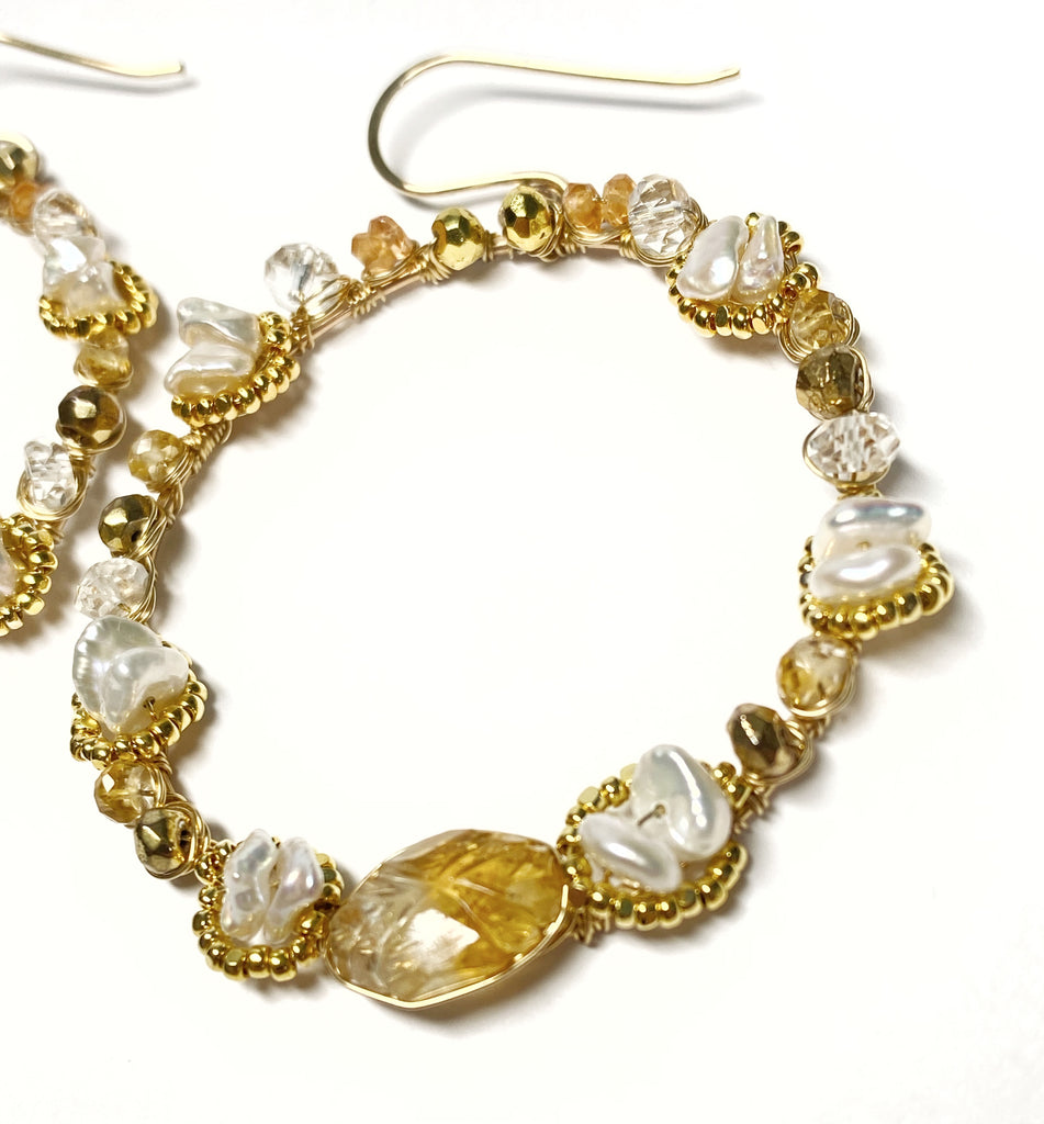 Citrine Gemstone Gold Hoop Earrings Wire Wrapped
