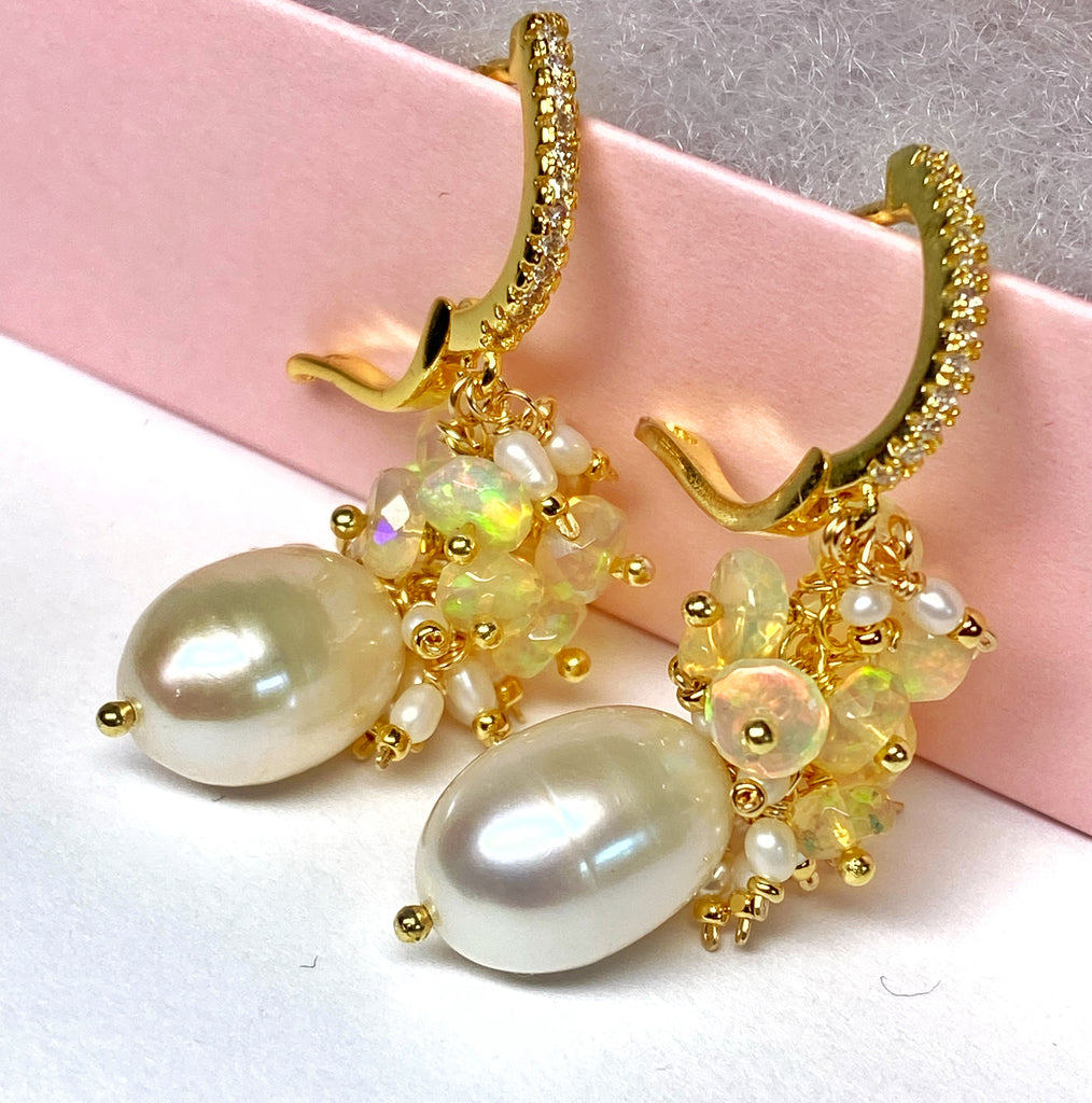 Pearl and Opal Cluster Earrings Gold