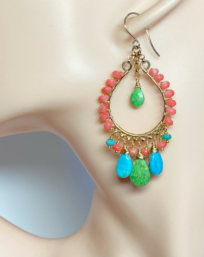 Turquoise Gold Hoop Chandelier Earrings Kingman Turquoise