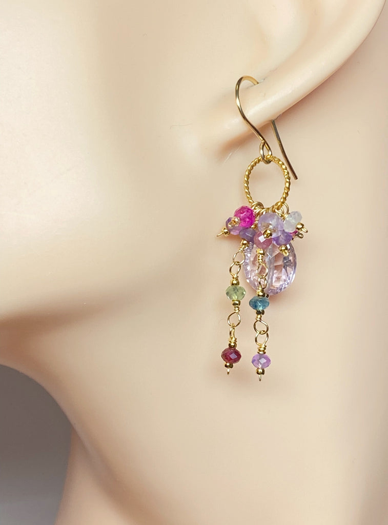Pink Amethyst, Pink Quartz and Colorful Gem Dangle Earrings Gold Fill