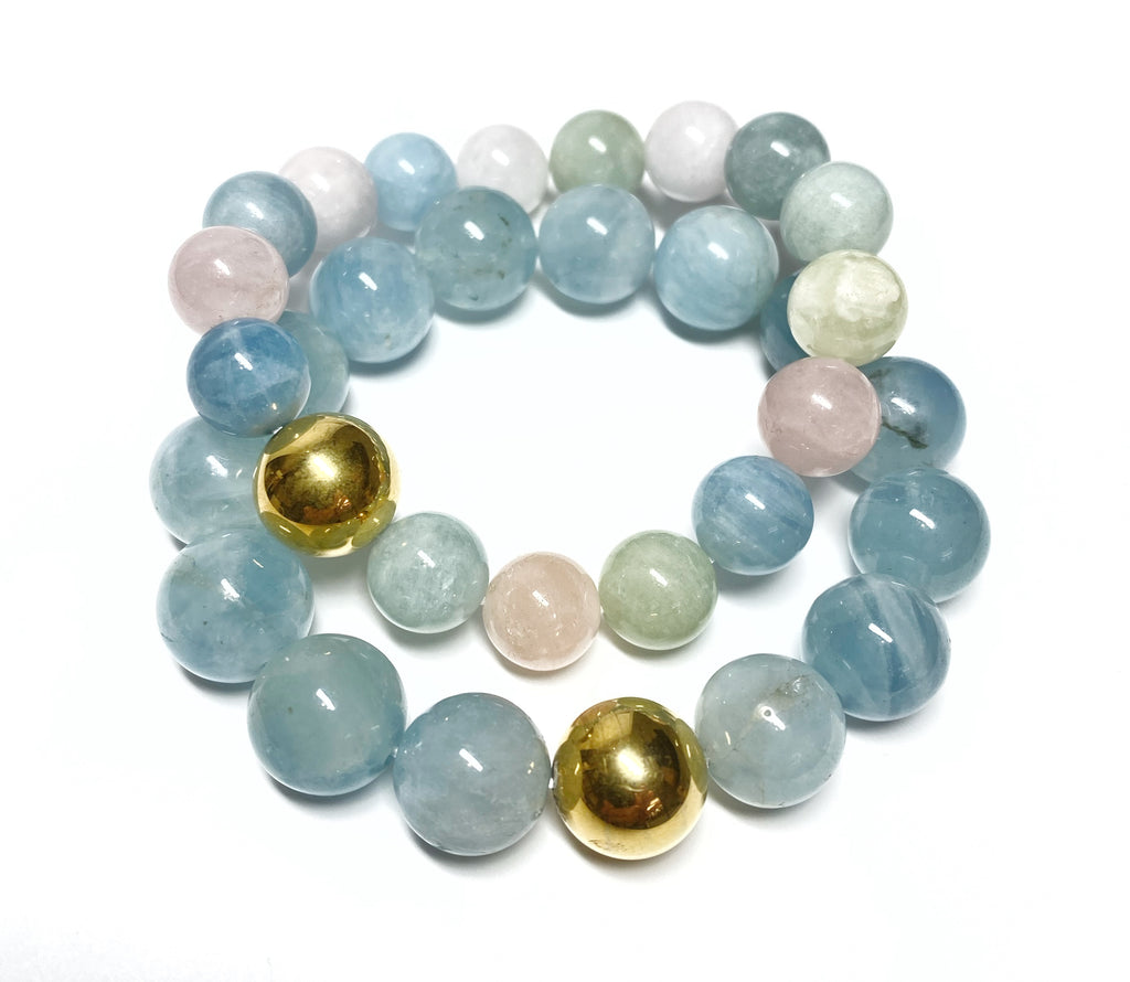 Morganite, Aquamarine Pastel Gemstone Stretch Bracelet, 10 mm, Rose Gold Pave Bead