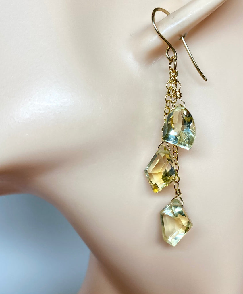 Citrine Fancy Cut Gemstone Tassel Earrings in Gold Fill