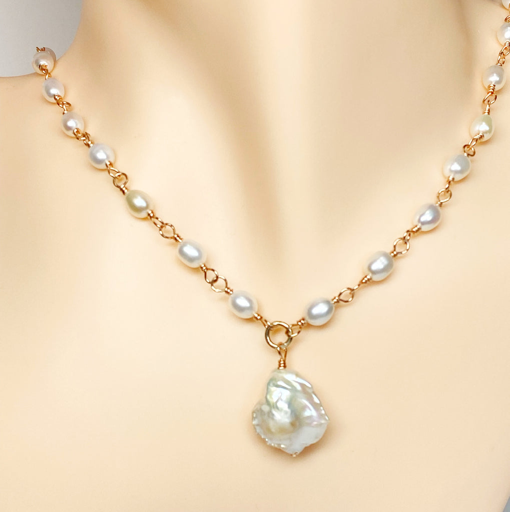 Dainty Baroque Pearl Necklace Wire Wrapped Rosary Style Rose Gold Fill