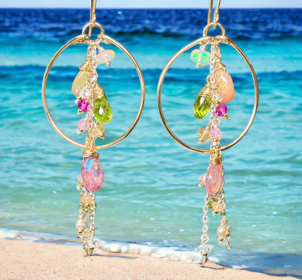 Gold Fill Hoop Earrings with Multi Gemstone Dangles, Opals, Peridot