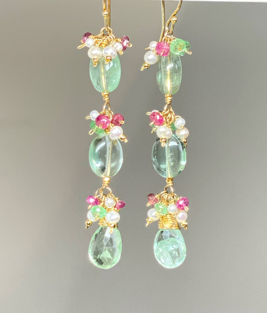 Long Green Flurorite Earrings, Gemstone Cluster