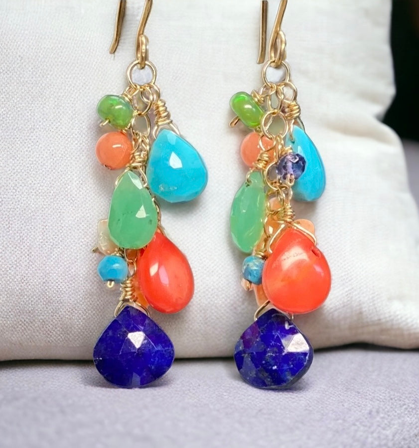 Multi Gemstone Gold Dangle Earrings Coral Blue Lapis Turquoise