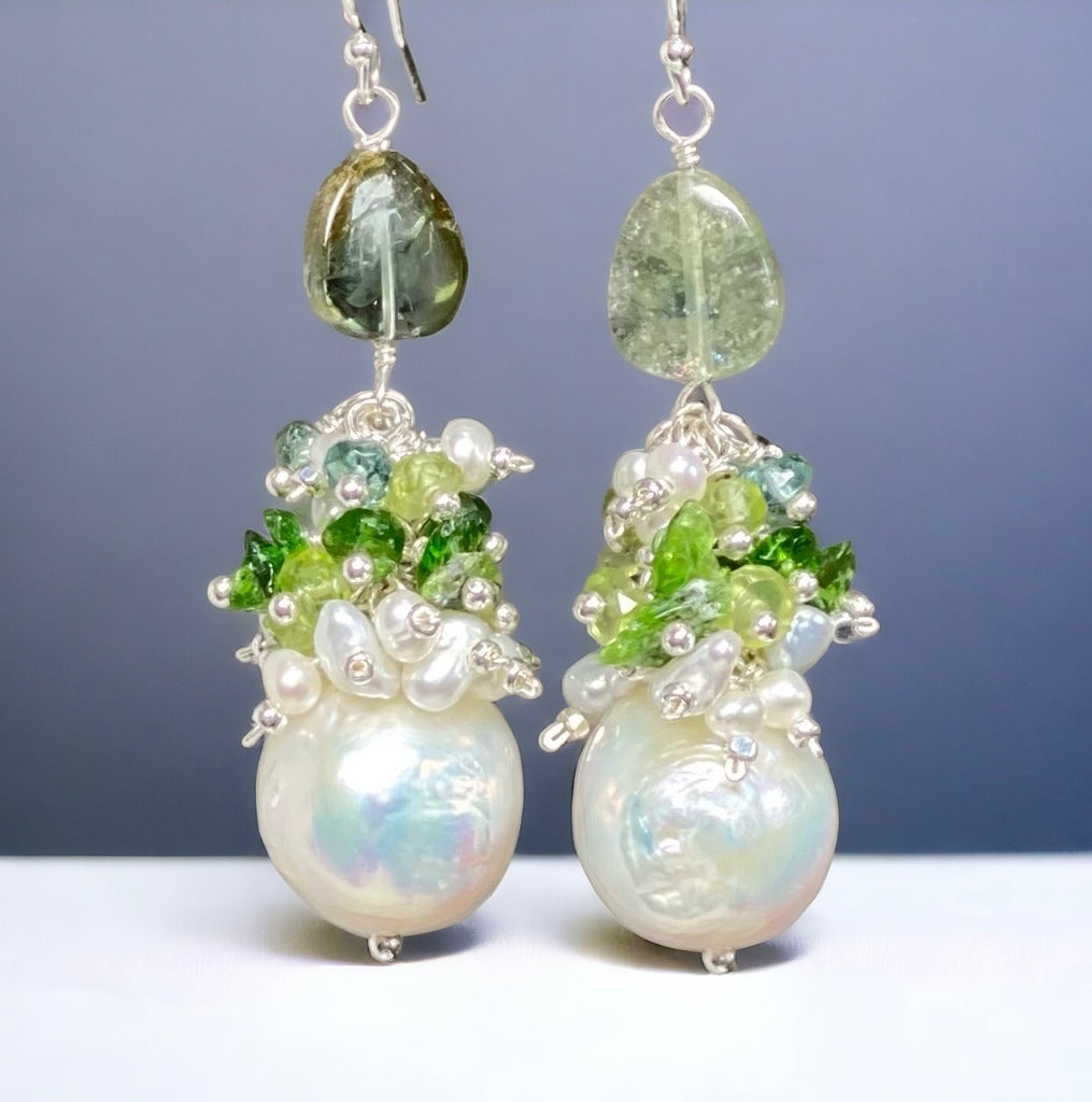 Baroque Edison Pearl and Green Gemstone and Tourmaline Cluster Earrings
