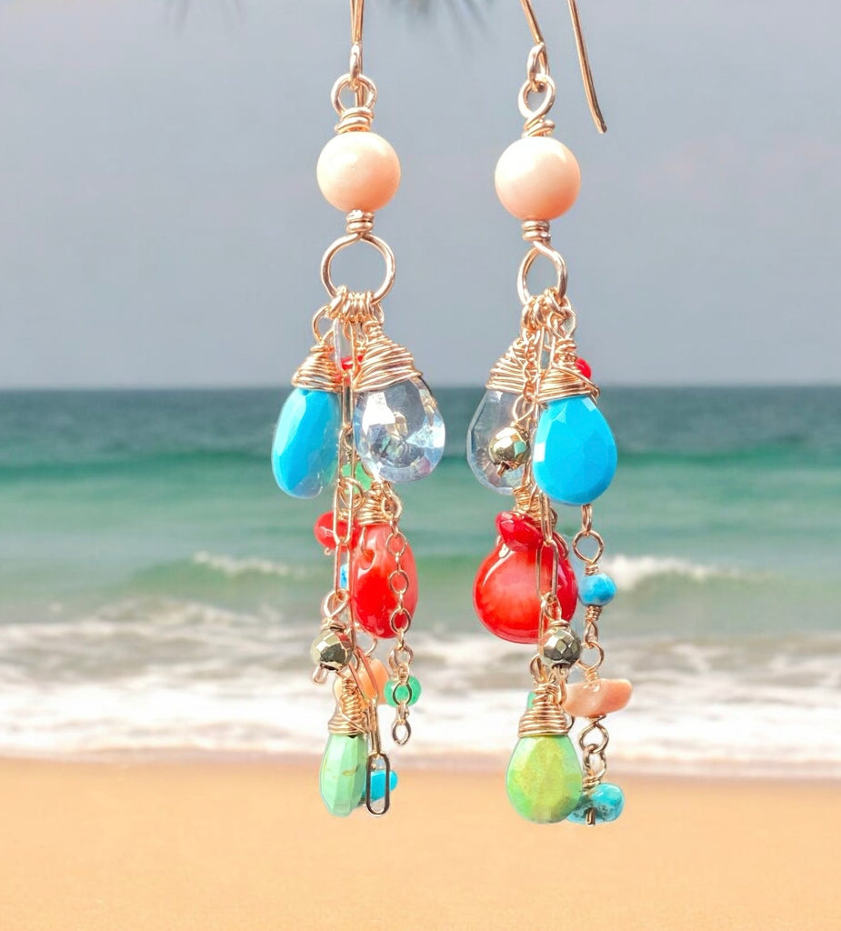 Turquoise Red Coral Rose Gold Long Boho Dangle Earrings