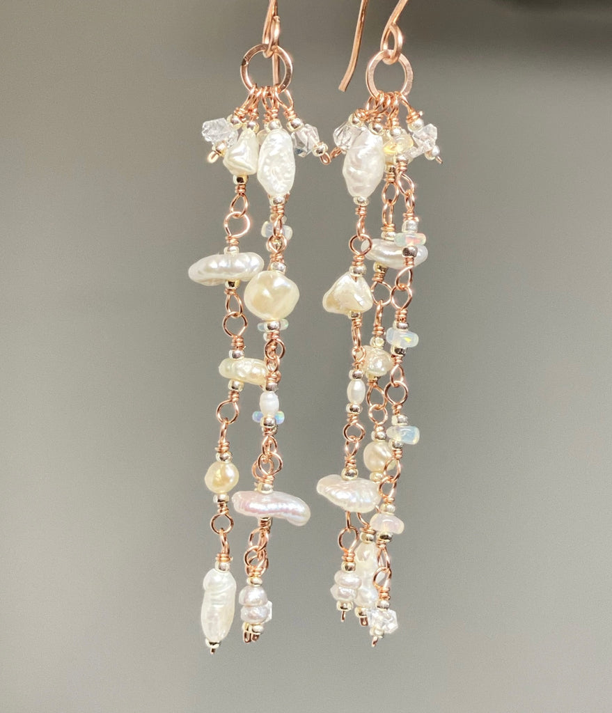 Rose Gold Dainty Pearl Boho Dangle Earrings