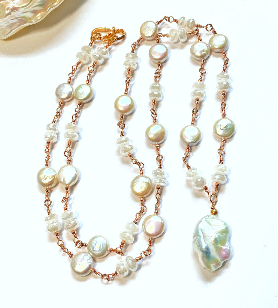 Rose Gold Ivory Baroque Pearl Mystic Moonstone Long Sautoir Rosary Necklace