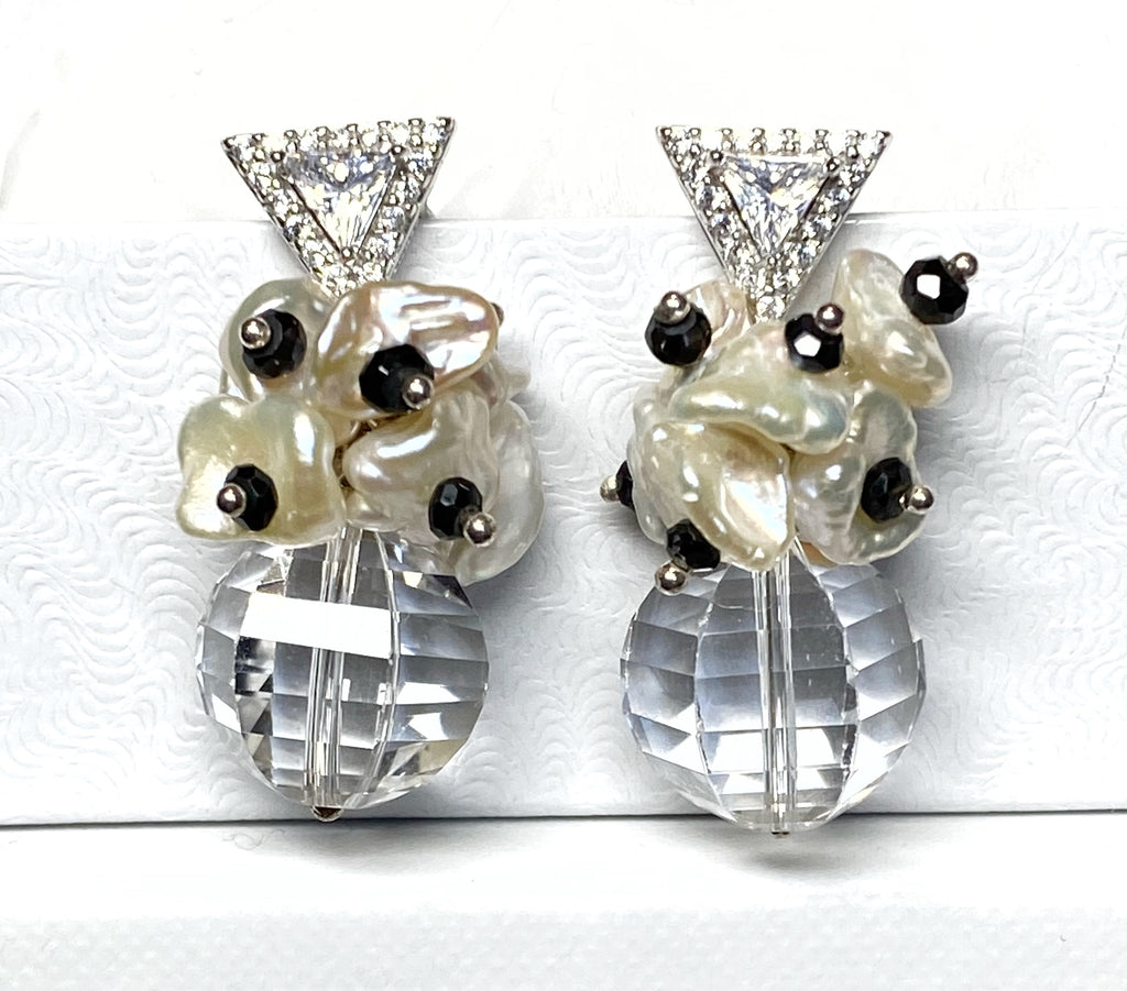 Clear Crystal Quartz Wedding Earrings Sterling Silver Black Spinel Post Earrings