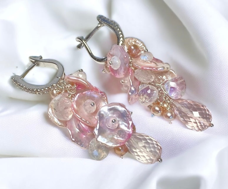 Pink Rose Quartz, Moonstone, Keishi Pearl Cluster Earrings, Silver