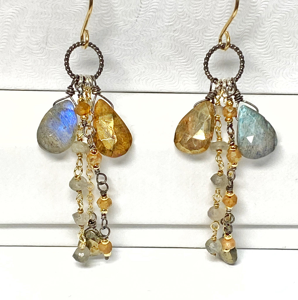 Labradorite Boho Long Gem Dangle Earrings in Mixed Metals