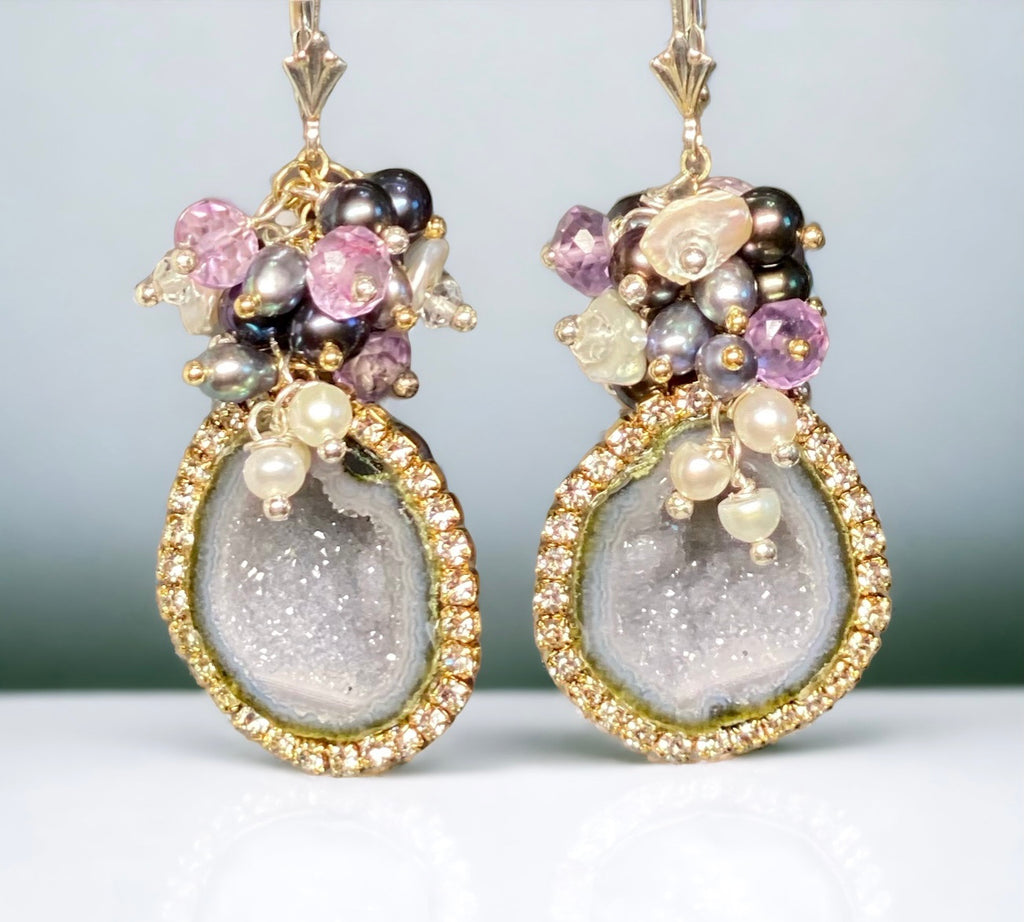 Grey Tabasco Geode Earrings with Diamond Look Austrian Crystals and Amethyst Pearl Clusters
