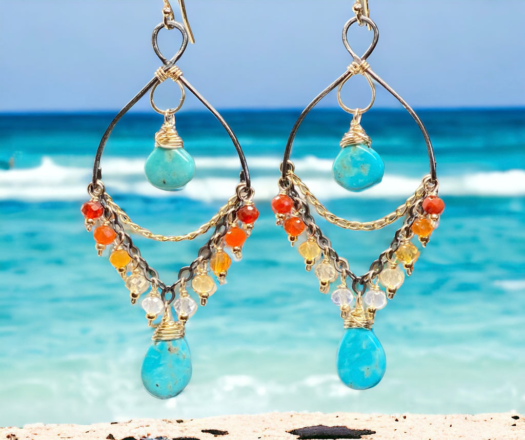 Turquoise Gemstone Mexican Fire Opal Mixed Metal Chandelier Earrings