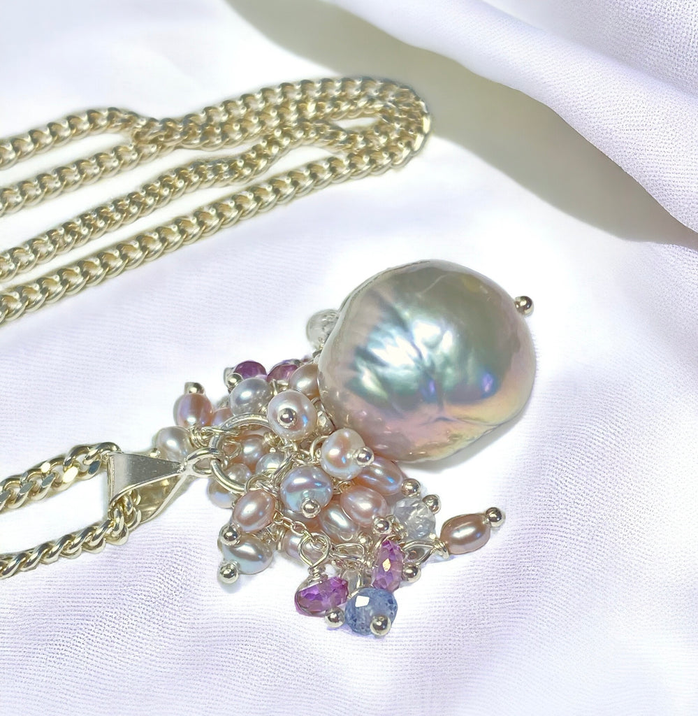 Silver Grey Baroque Pearl Cluster Pendant in Sterling Silver