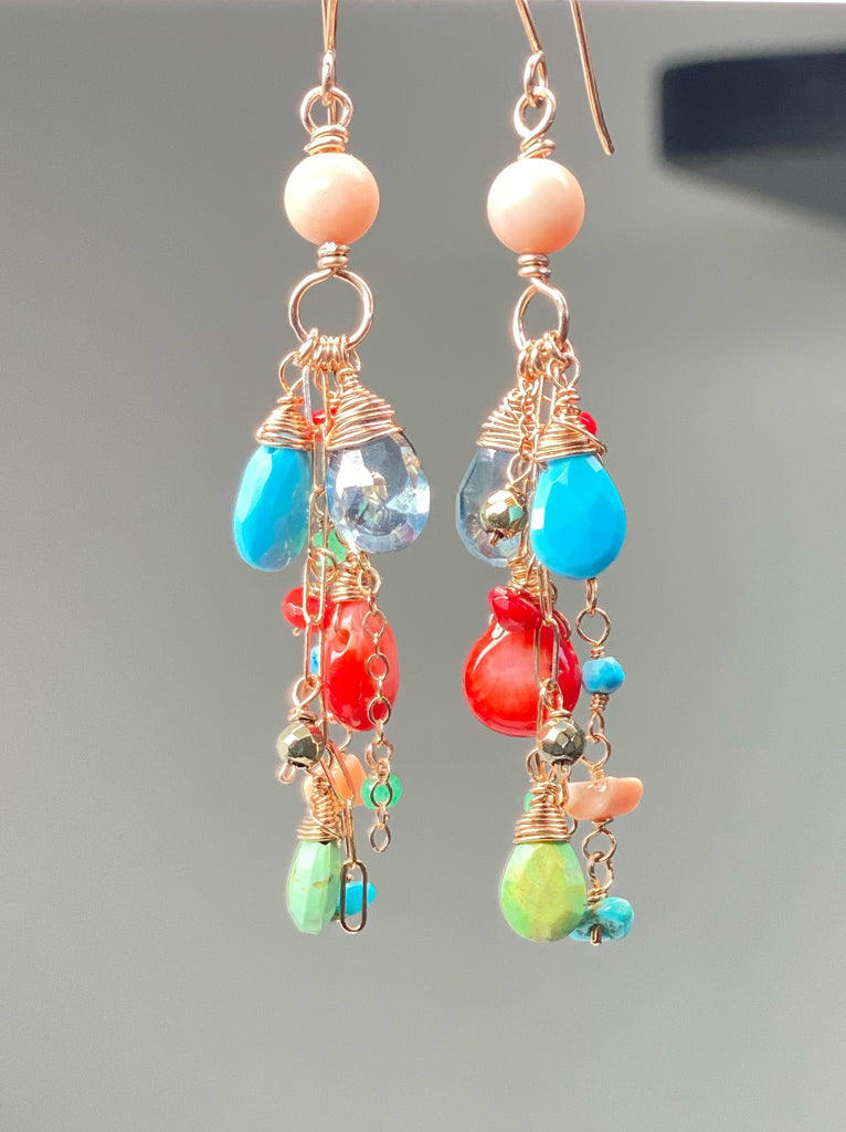 Turquoise Red Coral Rose Gold Long Boho Dangle Earrings