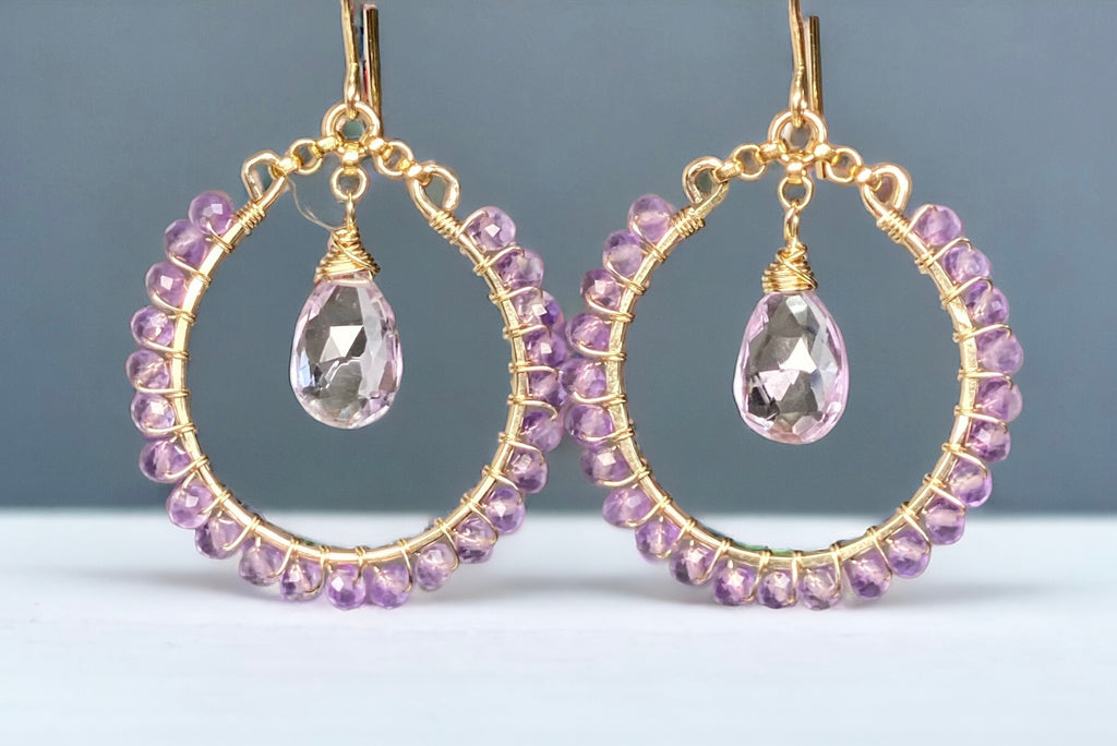 Lavender Pink Amethyst Chandelier Hoop Earrings, Gold Fill
