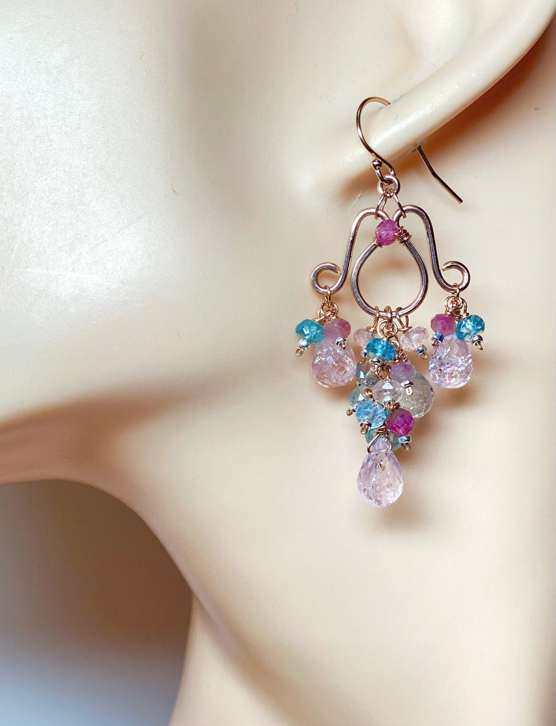 Aquamarine, Morganite Gemstone Chandelier Earrings in Rose Gold Fill
