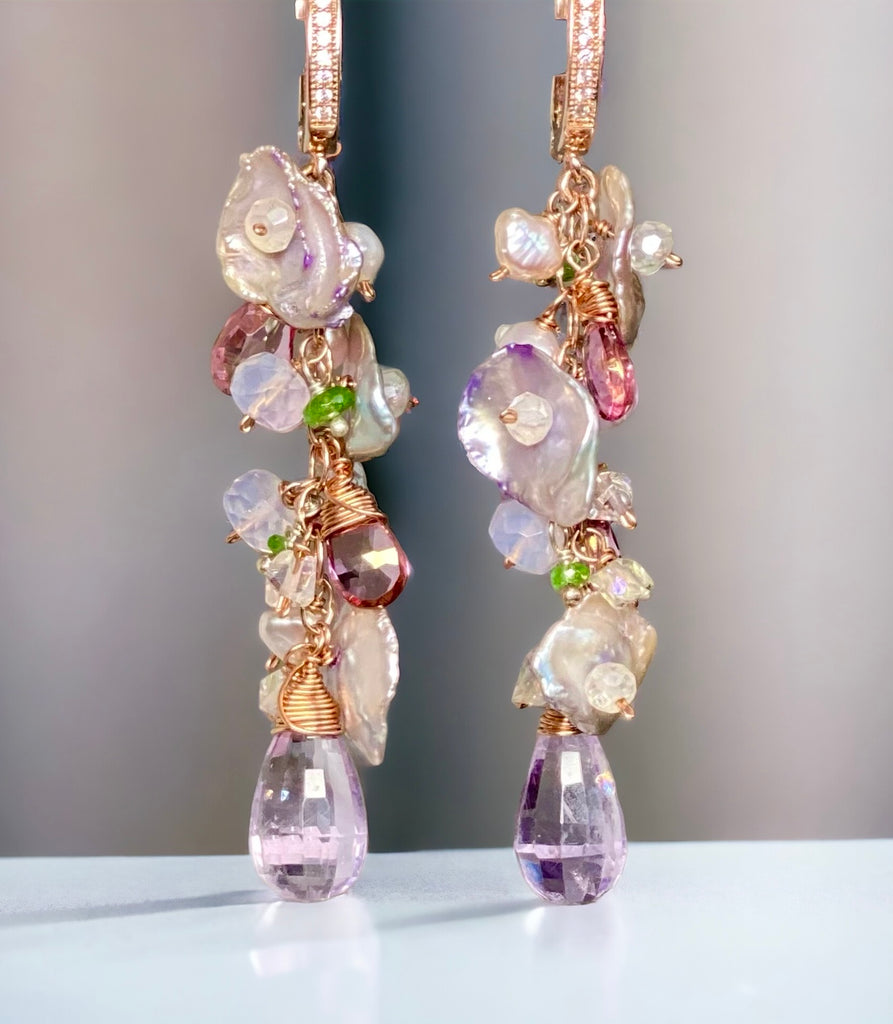 Lavender Amethyst Keishi Pearl Rose Gold Long Dangle Earrings