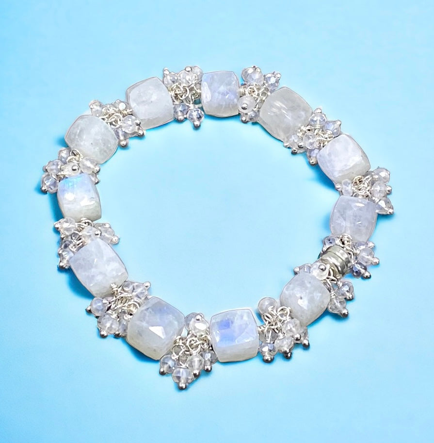 Rainbow Moonstone Bridal Bracelet Mystic Crystal Cluster Sterling Silver