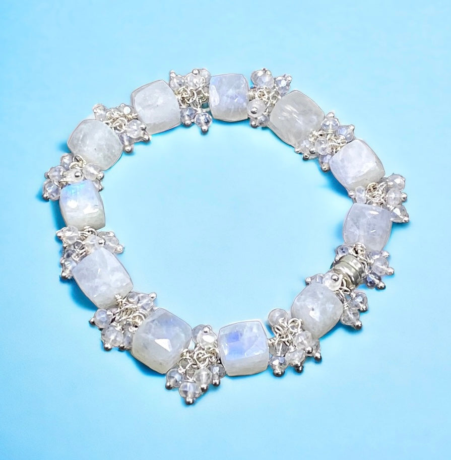 Rainbow Moonstone Bracelet Mystic Crystal Cluster Sterling Silver