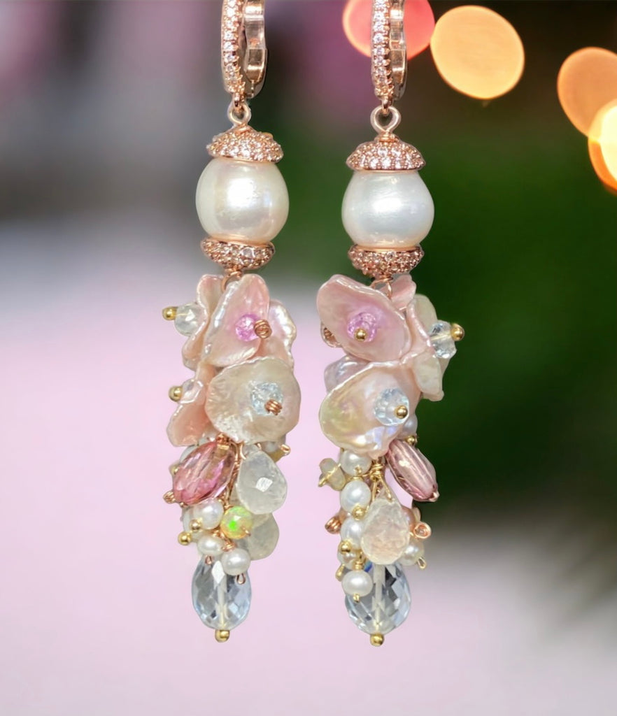 Blush Keishi Pearl Pink Topaz Ivory Pearl Rose Gold Long Dangle Bridal Earrings