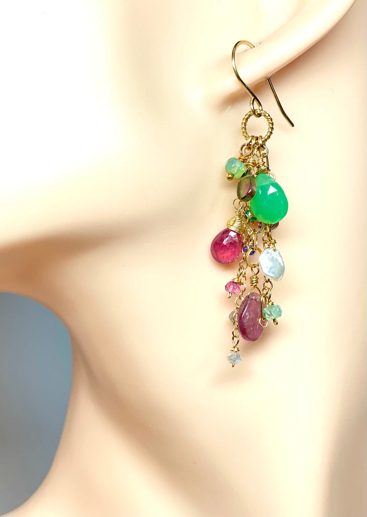 Pink Tourmaline Slice Green Chrysoprase Gemstone Dangle Earrings Gold Fill