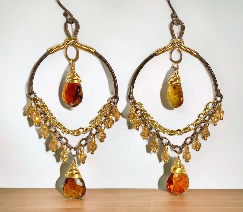 Petrol Tourmaline and Oxidized Silver Gold Earrings