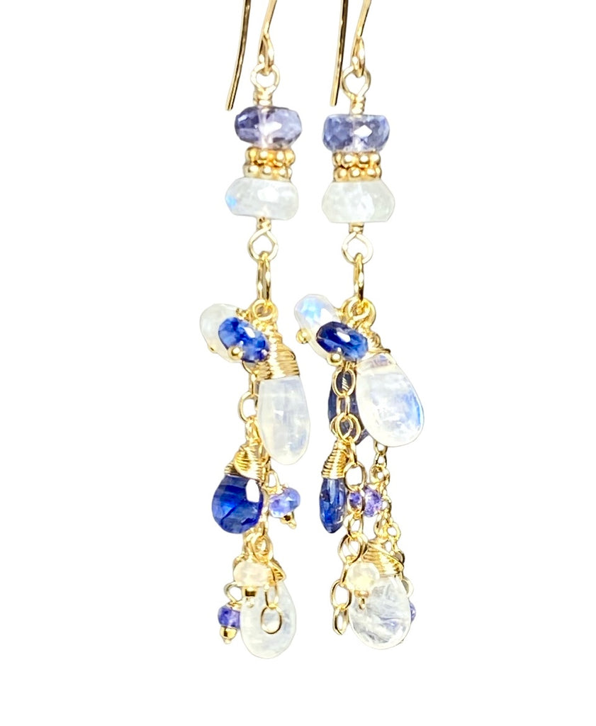 Rainbow Moonstone Tanzanite Kyanite Blue & White Boho Dangle Earrings